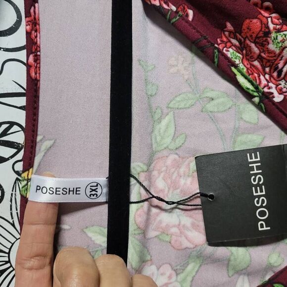 NWT 3XL stretchy floral wrap dress knee-length red exposed shoulder flirty POSES - Picture 6 of 9